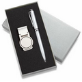 Matte Silver Money Clip with Matching Ball Point Pen in 2-Piece Gift Box